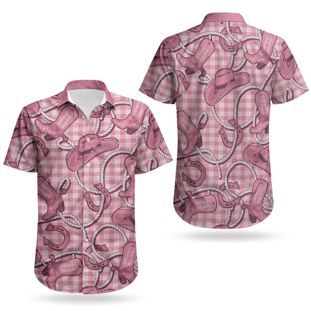 Pink Hawaii Palaka Cowboy Couples Matching Off The Shoulder Long Sleeve Dress and Hawaiian Shirt Hawaiian Paniolo Festival Spirit LT19 - Polynesian Pride