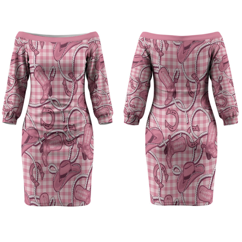 Pink Hawaii Palaka Cowboy Couples Matching Off The Shoulder Long Sleeve Dress and Long Sleeve Button Shirt Hawaiian Paniolo Festival Spirit LT19 - Polynesian Pride