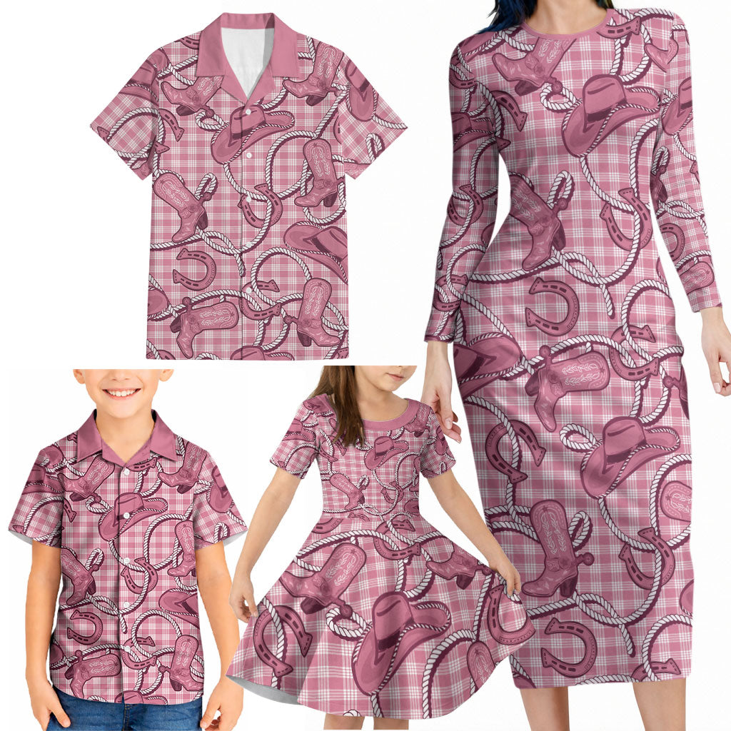 Pink Hawaii Palaka Cowboy Family Matching Long Sleeve Bodycon Dress and Hawaiian Shirt Hawaiian Paniolo Festival Spirit