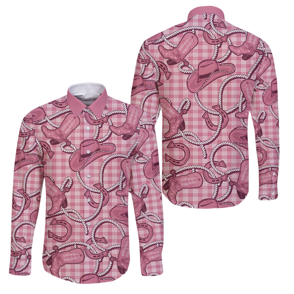 Pink Hawaii Palaka Cowboy Family Matching Off Shoulder Maxi Dress and Hawaiian Shirt Hawaiian Paniolo Festival Spirit LT19 Dad's Shirt - Long Sleeve Pink - Polynesian Pride