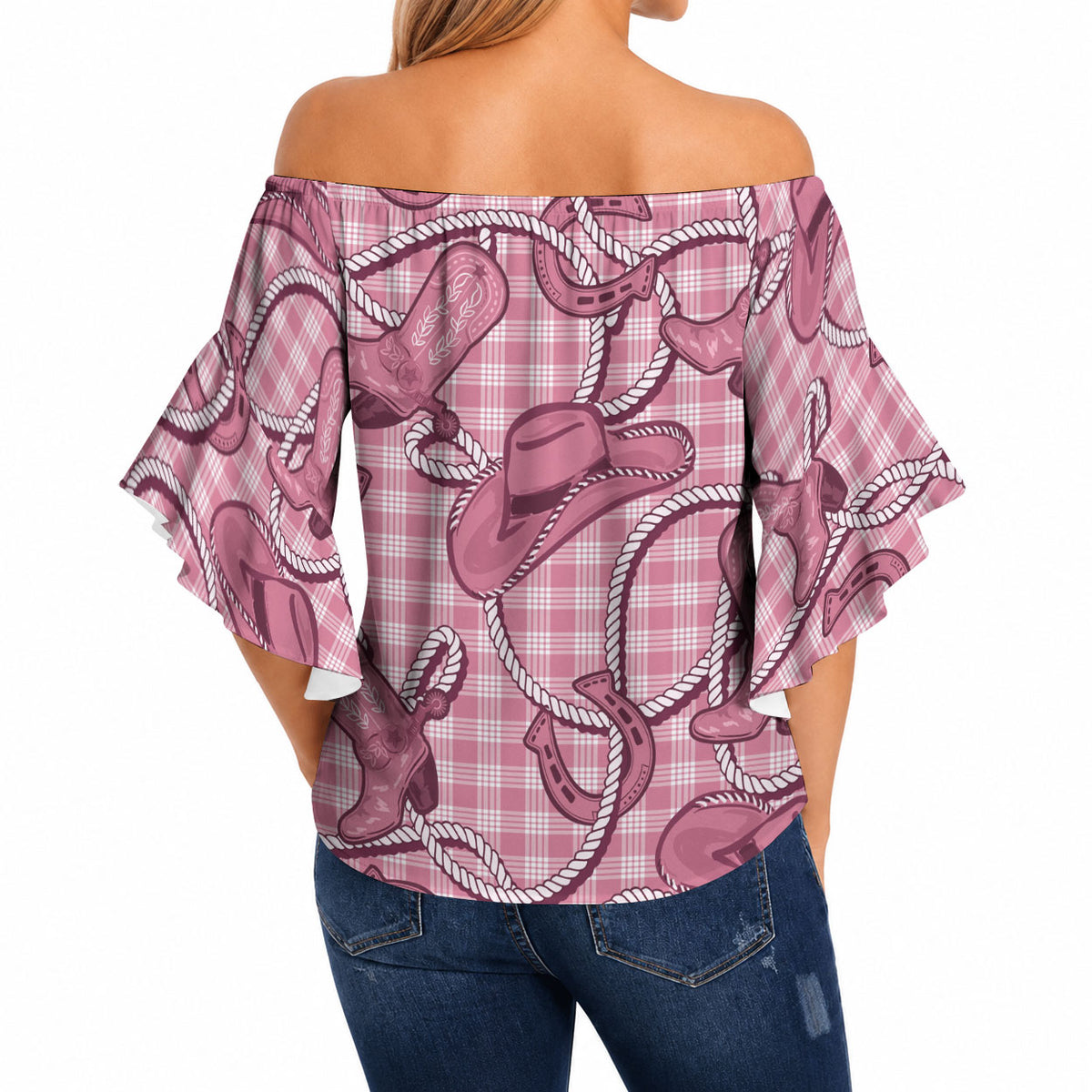Pink Hawaii Palaka Cowboy Off Shoulder Wrap Waist Top Hawaiian Paniolo Festival Spirit LT19 - Polynesian Pride