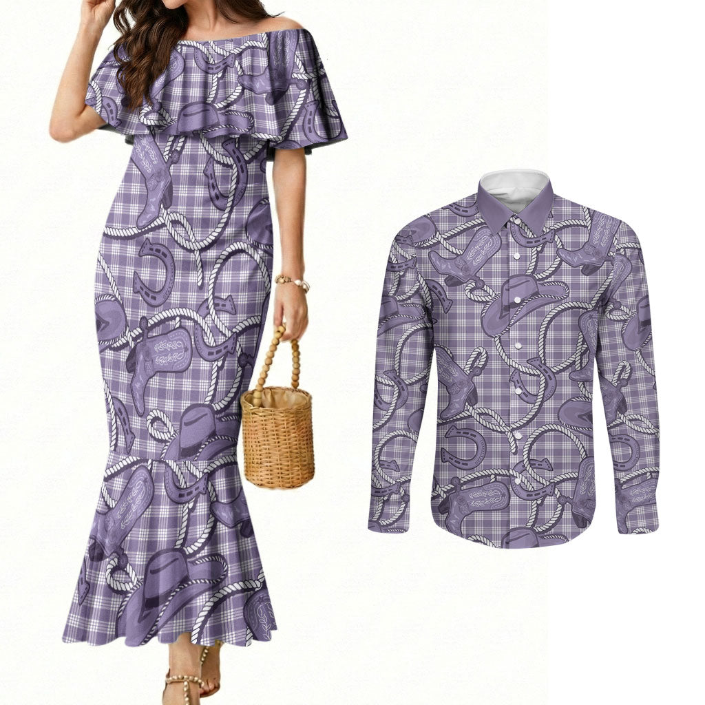 Purple Hawaii Palaka Cowboy Couples Matching Mermaid Dress and Long Sleeve Button Shirt Hawaiian Paniolo Festival Spirit LT19 Purple - Polynesian Pride