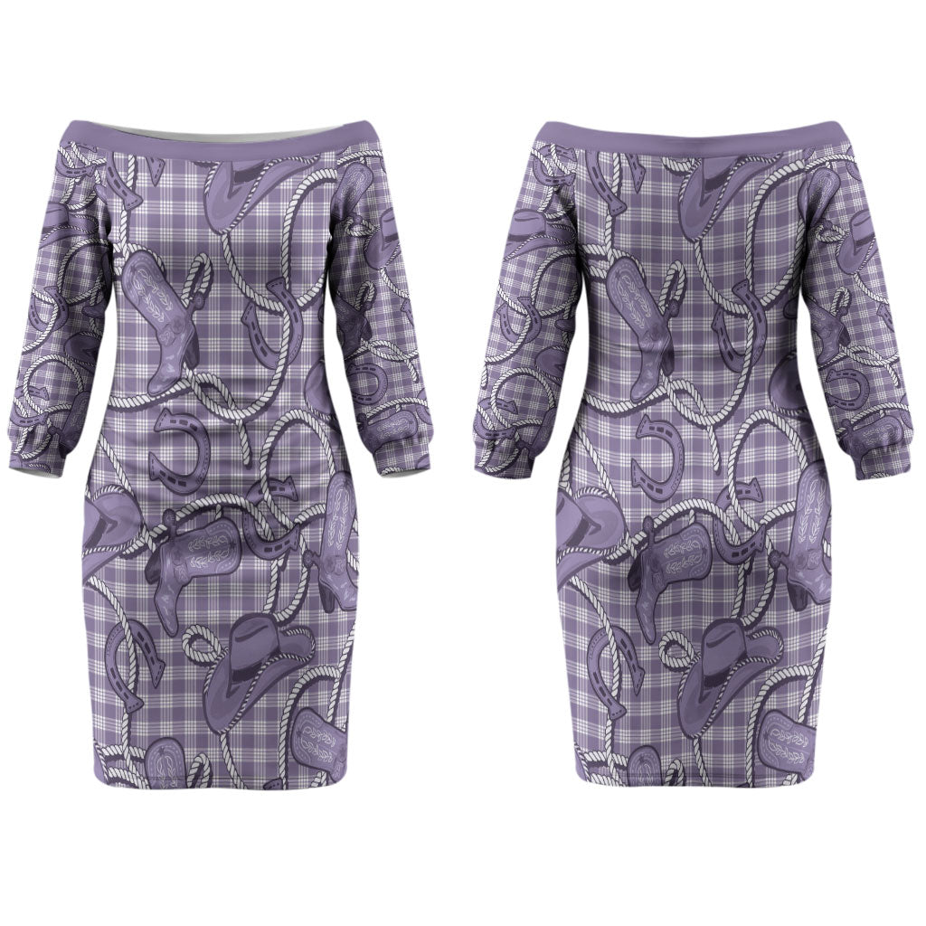 Purple Hawaii Palaka Cowboy Family Matching Off The Shoulder Long Sleeve Dress and Hawaiian Shirt Hawaiian Paniolo Festival Spirit LT19 Mom's Dress Purple - Polynesian Pride