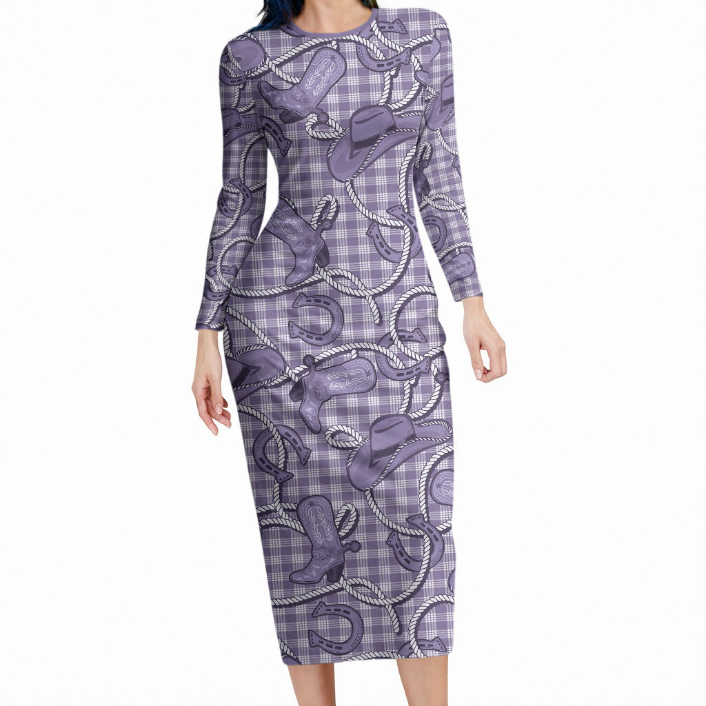 Purple Hawaii Palaka Cowboy Long Sleeve Bodycon Dress Hawaiian Paniolo Festival Spirit LT19 Long Dress Purple - Polynesian Pride