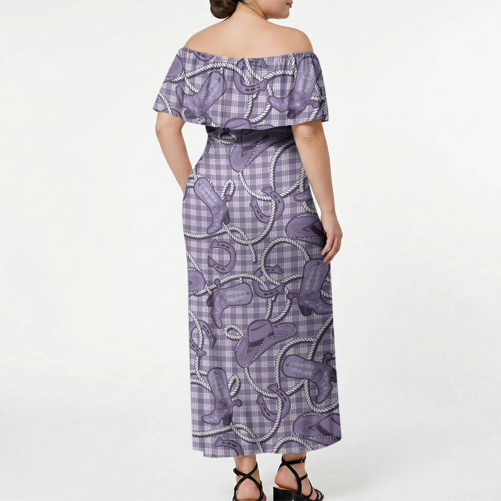 Purple Hawaii Palaka Cowboy Off Shoulder Maxi Dress Hawaiian Paniolo Festival Spirit LT19 - Polynesian Pride