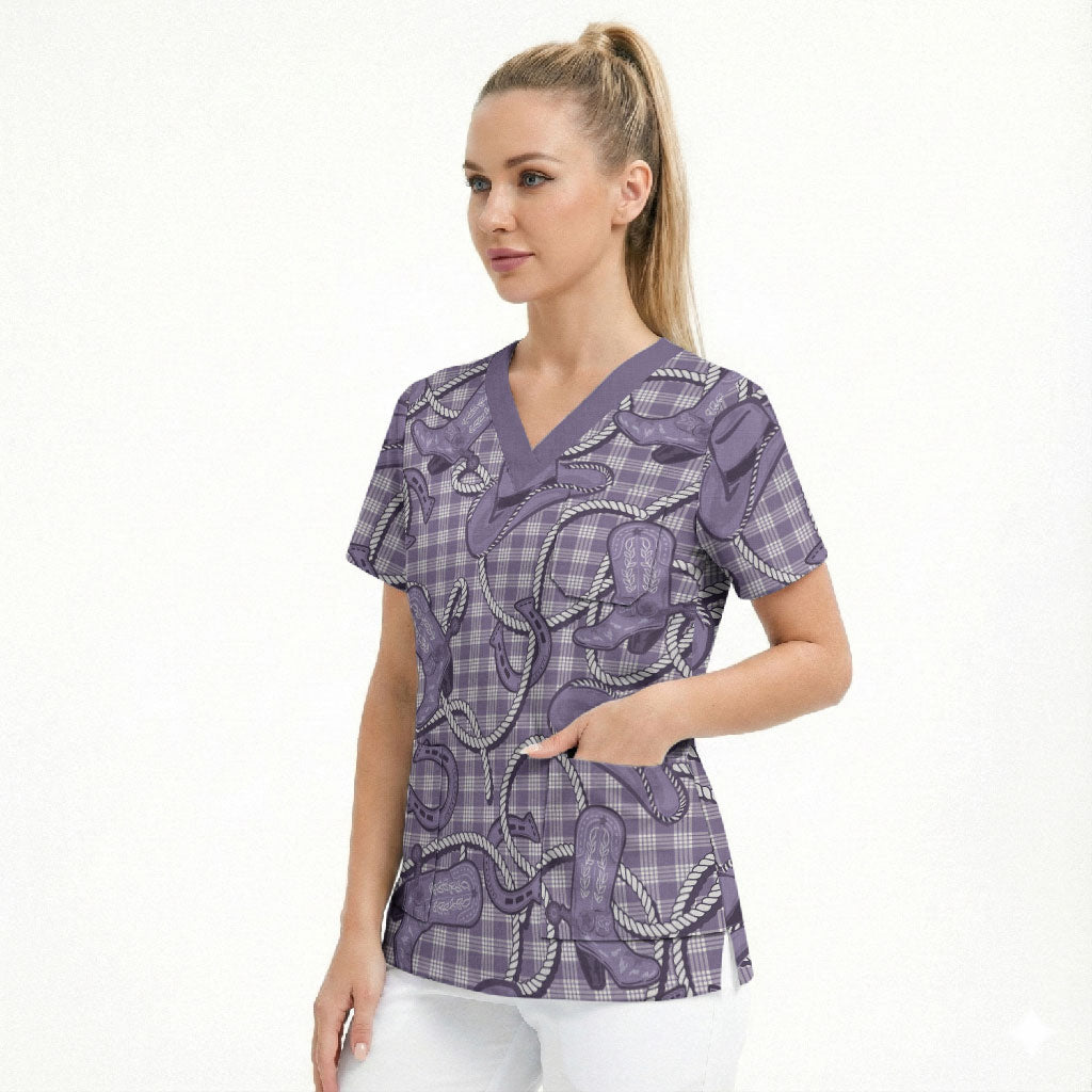 Purple Hawaii Palaka Cowboy Scrub Top Hawaiian Paniolo Festival Spirit LT19 - Polynesian Pride