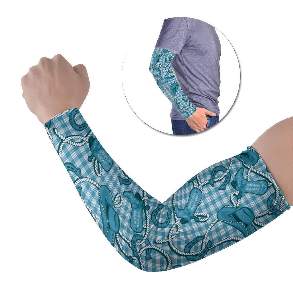 Blue Hawaii Palaka Cowboy Arm Sleeves Hawaiian Paniolo Festival Spirit LT19 Set of 2 Blue - Polynesian Pride
