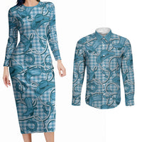 Blue Hawaii Palaka Cowboy Couples Matching Long Sleeve Bodycon Dress and Long Sleeve Button Shirt Hawaiian Paniolo Festival Spirit LT19 Blue - Polynesian Pride
