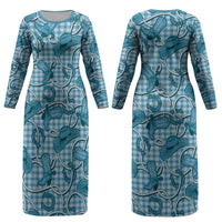 Blue Hawaii Palaka Cowboy Couples Matching Long Sleeve Bodycon Dress and Long Sleeve Button Shirt Hawaiian Paniolo Festival Spirit LT19 - Polynesian Pride