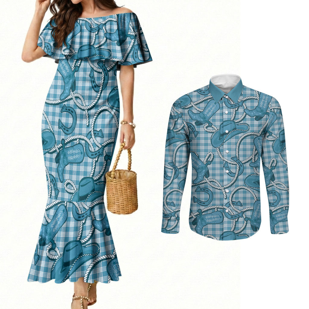 Blue Hawaii Palaka Cowboy Couples Matching Mermaid Dress and Long Sleeve Button Shirt Hawaiian Paniolo Festival Spirit LT19 Blue - Polynesian Pride