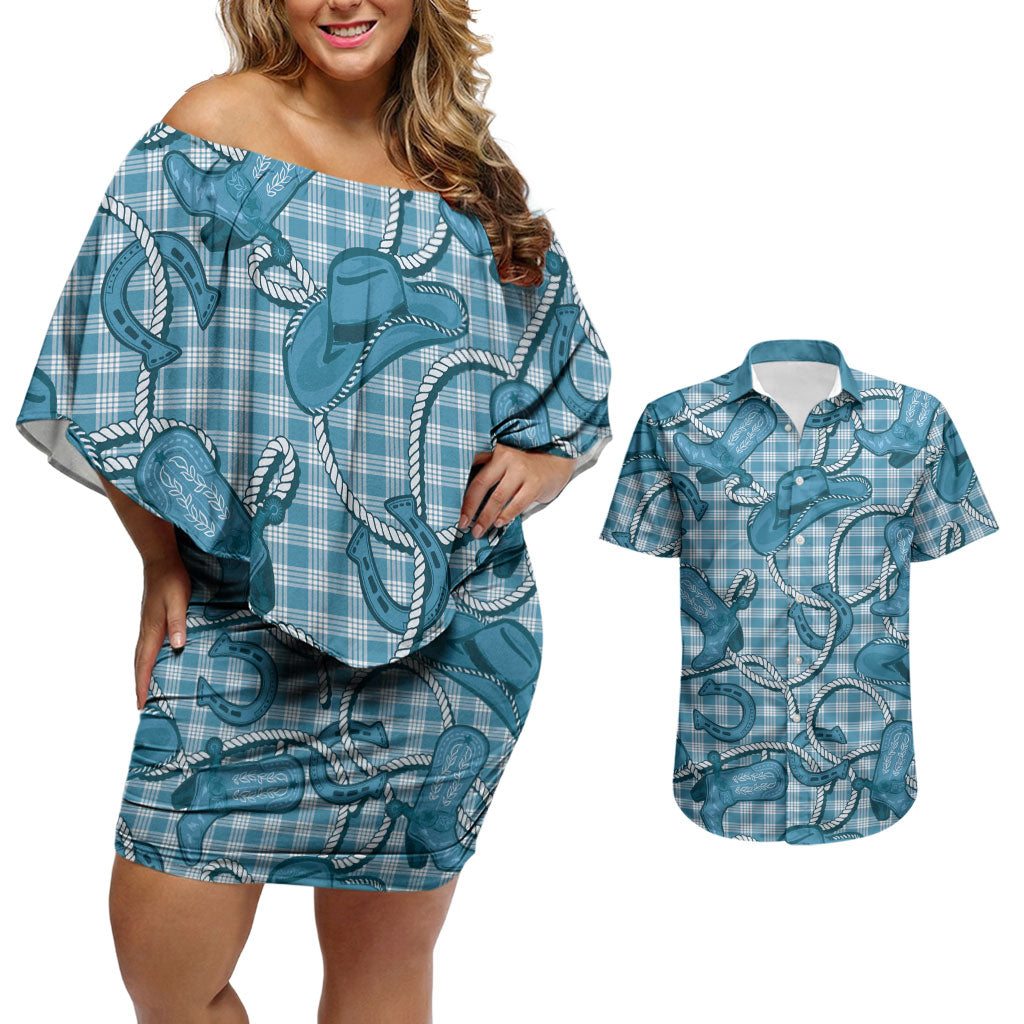 Blue Hawaii Palaka Cowboy Couples Matching Off Shoulder Short Dress and Hawaiian Shirt Hawaiian Paniolo Festival Spirit LT19 Blue - Polynesian Pride