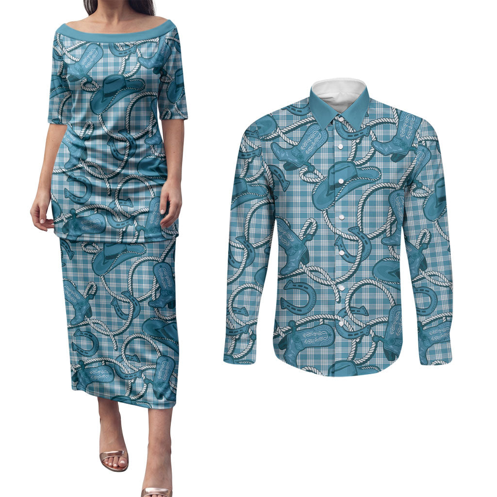 Blue Hawaii Palaka Cowboy Couples Matching Puletasi and Long Sleeve Button Shirt Hawaiian Paniolo Festival Spirit LT19 Blue - Polynesian Pride