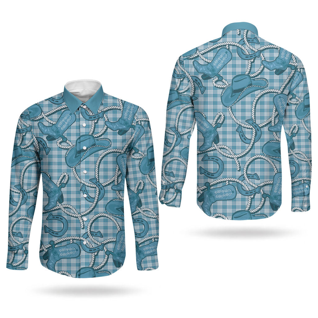 Blue Hawaii Palaka Cowboy Couples Matching Puletasi and Long Sleeve Button Shirt Hawaiian Paniolo Festival Spirit LT19 - Polynesian Pride