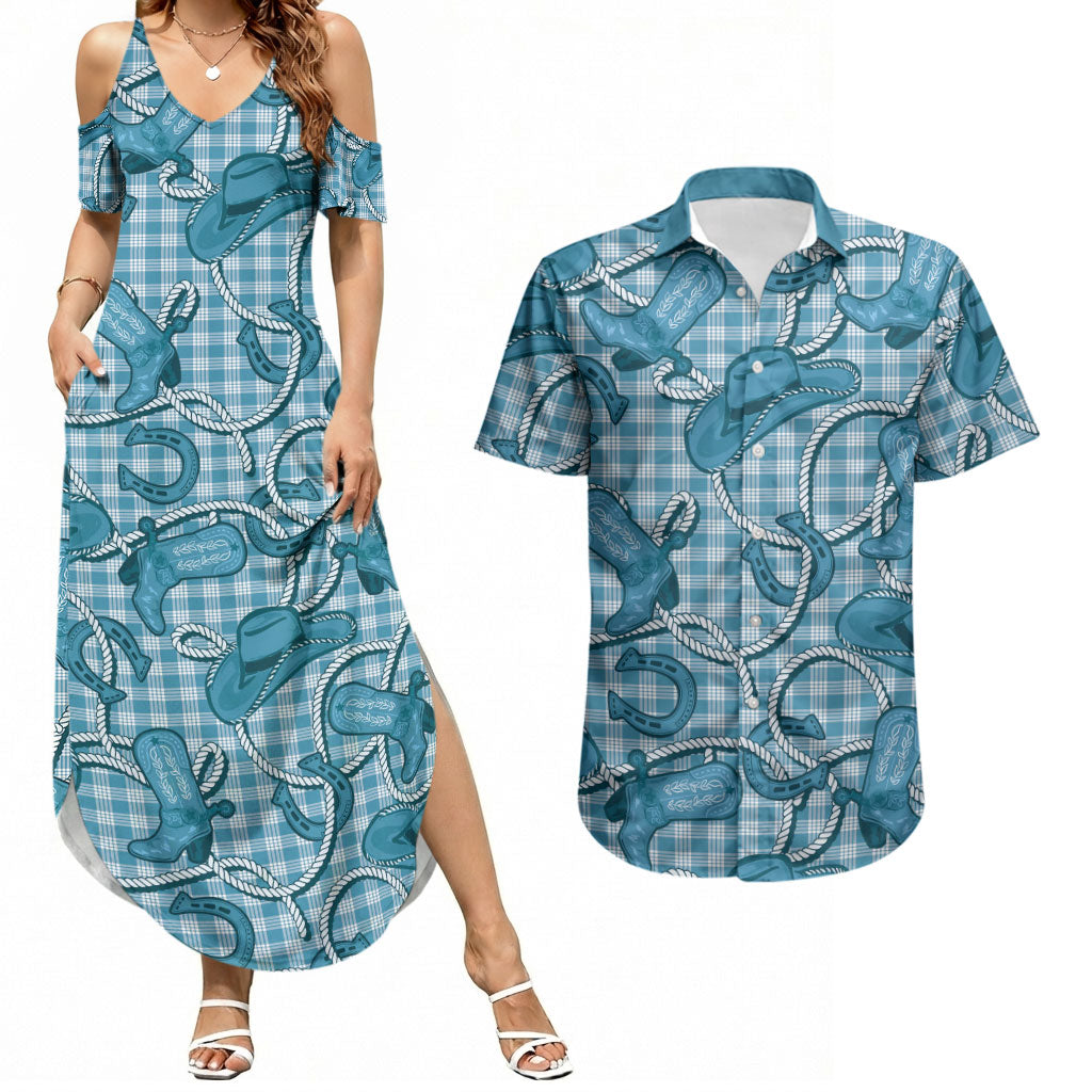 Blue Hawaii Palaka Cowboy Couples Matching Summer Maxi Dress and Hawaiian Shirt Hawaiian Paniolo Festival Spirit LT19 Blue - Polynesian Pride