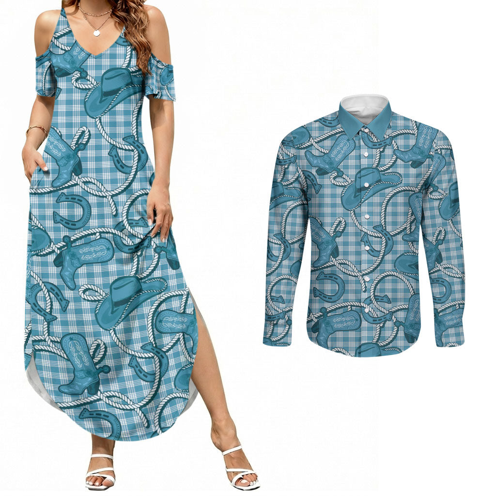 Blue Hawaii Palaka Cowboy Couples Matching Summer Maxi Dress and Long Sleeve Button Shirt Hawaiian Paniolo Festival Spirit LT19 Blue - Polynesian Pride