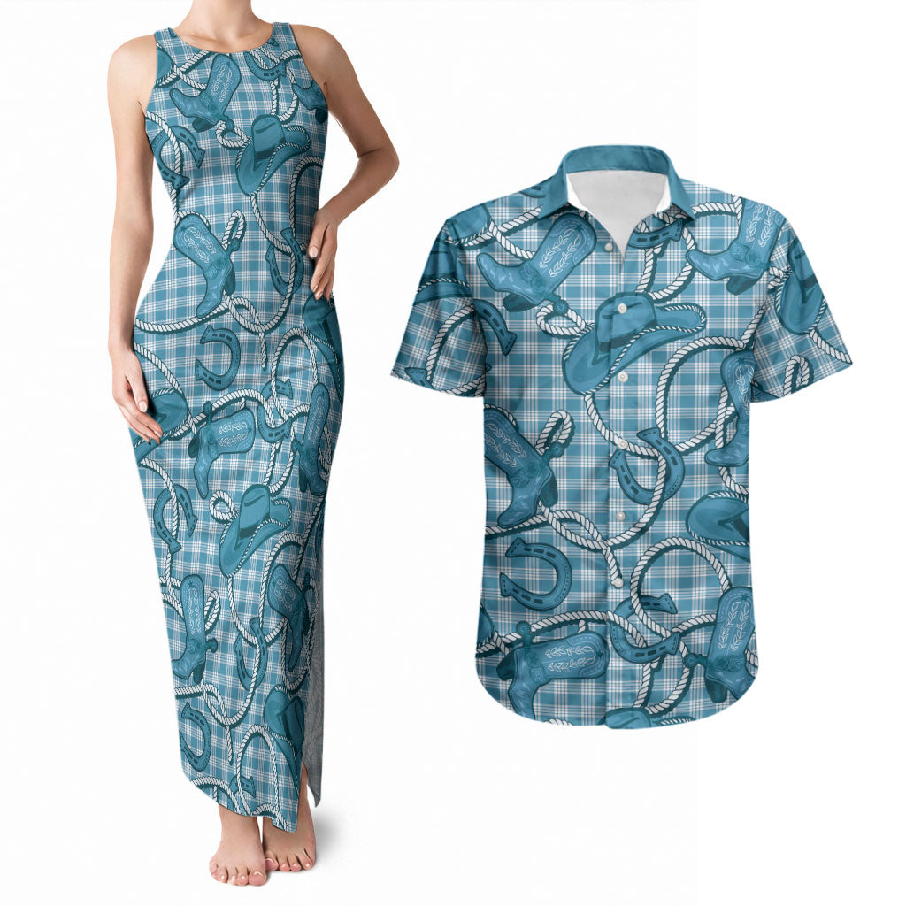 Blue Hawaii Palaka Cowboy Couples Matching Tank Maxi Dress and Hawaiian Shirt Hawaiian Paniolo Festival Spirit LT19 Blue - Polynesian Pride