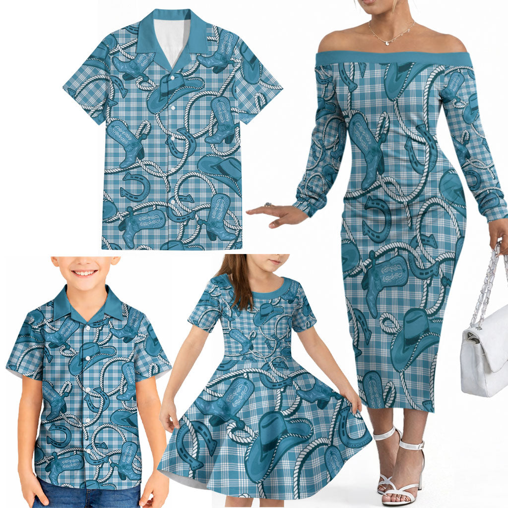 Blue Hawaii Palaka Cowboy Family Matching Off The Shoulder Long Sleeve Dress and Hawaiian Shirt Hawaiian Paniolo Festival Spirit LT19 - Polynesian Pride