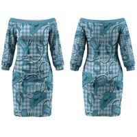 Blue Hawaii Palaka Cowboy Family Matching Off The Shoulder Long Sleeve Dress and Hawaiian Shirt Hawaiian Paniolo Festival Spirit LT19 Mom's Dress Blue - Polynesian Pride