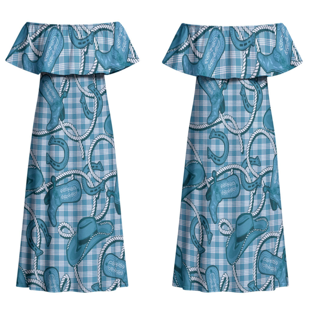 Blue Hawaii Palaka Cowboy Family Matching Off Shoulder Maxi Dress and Hawaiian Shirt Hawaiian Paniolo Festival Spirit LT19 Mom's Dress Blue - Polynesian Pride