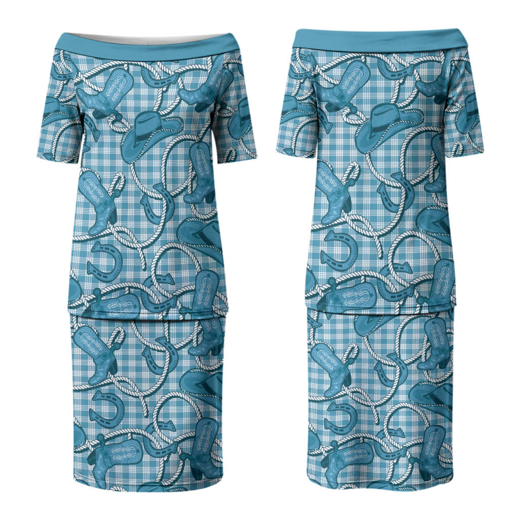 Blue Hawaii Palaka Cowboy Family Matching Puletasi and Hawaiian Shirt Hawaiian Paniolo Festival Spirit LT19 Mom's Dress Blue - Polynesian Pride