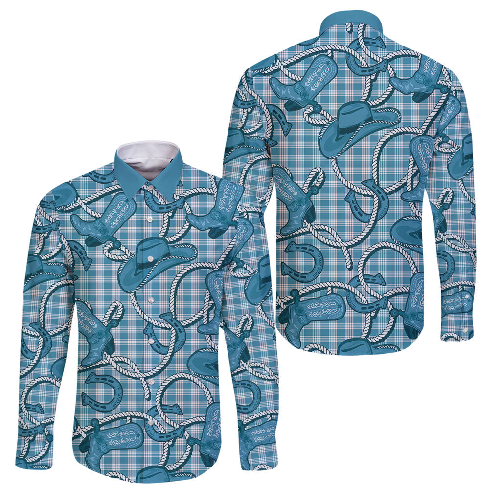Blue Hawaii Palaka Cowboy Family Matching Puletasi and Hawaiian Shirt Hawaiian Paniolo Festival Spirit LT19 Dad's Shirt - Long Sleeve Blue - Polynesian Pride