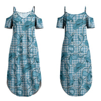 Blue Hawaii Palaka Cowboy Family Matching Summer Maxi Dress and Hawaiian Shirt Hawaiian Paniolo Festival Spirit LT19 Mom's Dress Blue - Polynesian Pride