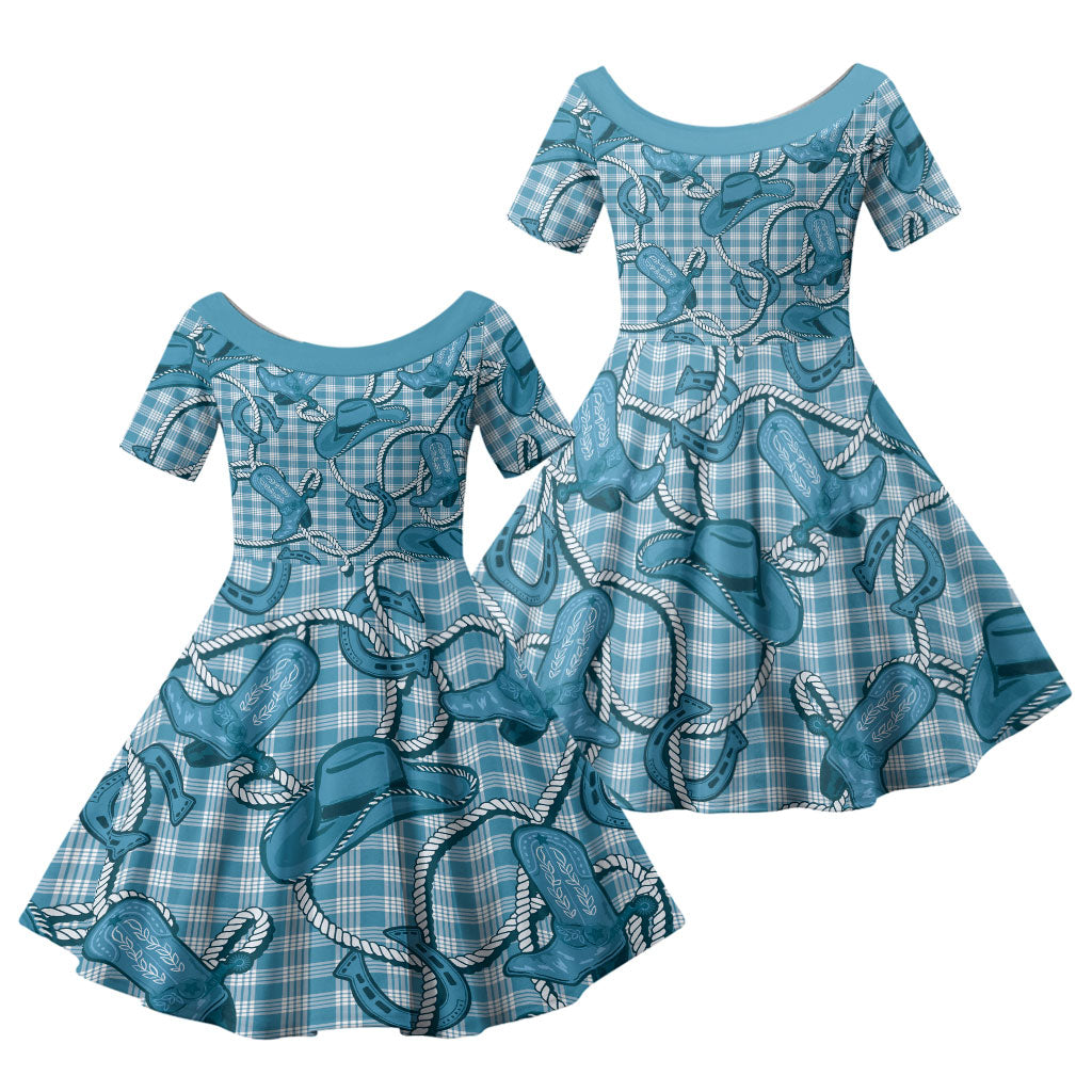 Blue Hawaii Palaka Cowboy Family Matching Summer Maxi Dress and Hawaiian Shirt Hawaiian Paniolo Festival Spirit LT19 Daughter's Dress Blue - Polynesian Pride