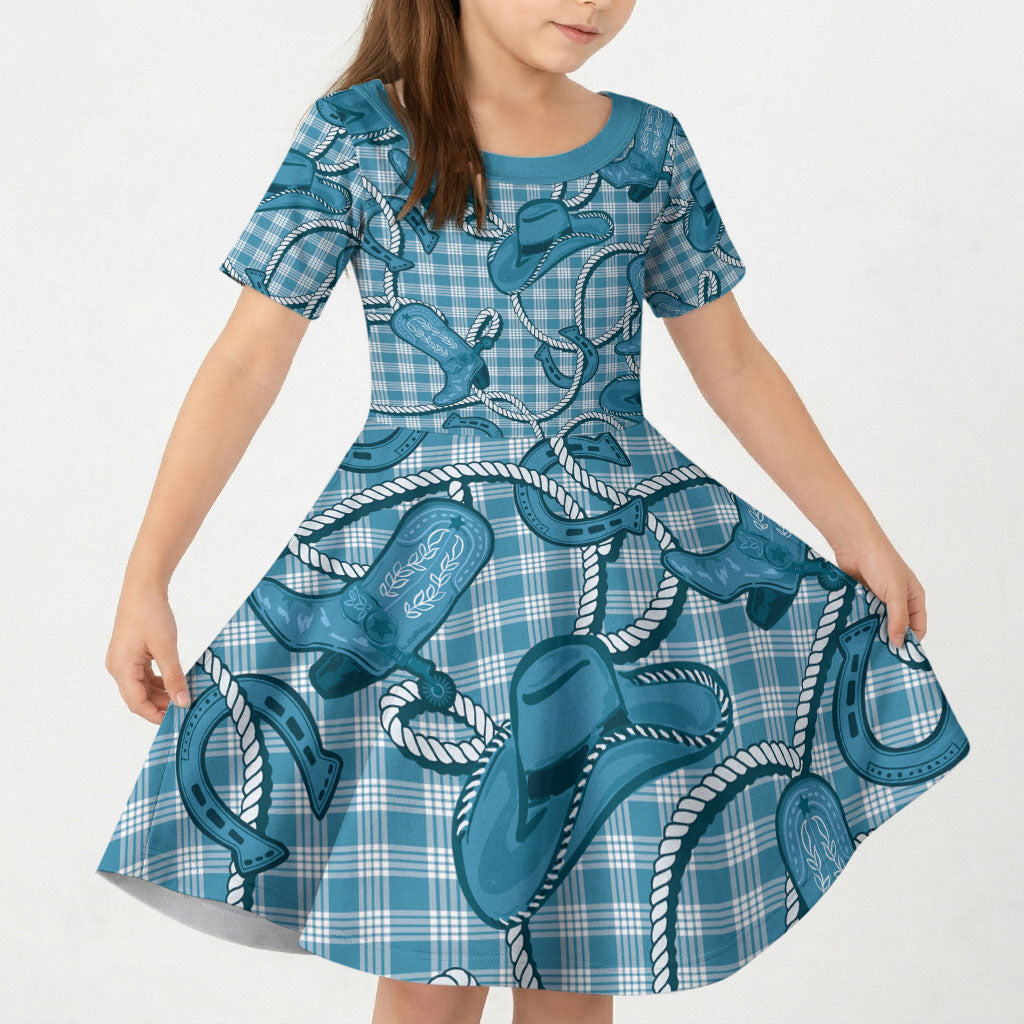 Blue Hawaii Palaka Cowboy Kid Short Sleeve Dress Hawaiian Paniolo Festival Spirit LT19 KID Blue - Polynesian Pride