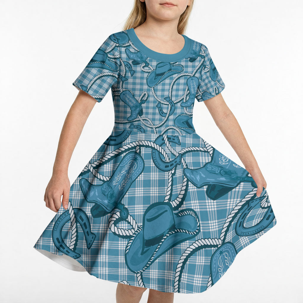 Blue Hawaii Palaka Cowboy Kid Short Sleeve Dress Hawaiian Paniolo Festival Spirit LT19 - Polynesian Pride