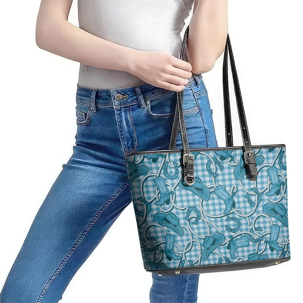 Blue Hawaii Palaka Cowboy Leather Tote Bag Hawaiian Paniolo Festival Spirit LT19 - Polynesian Pride