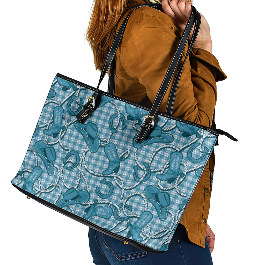Blue Hawaii Palaka Cowboy Leather Tote Bag Hawaiian Paniolo Festival Spirit LT19 - Polynesian Pride