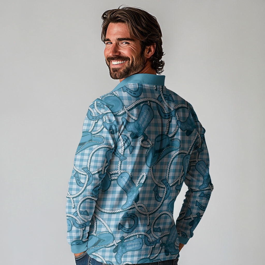Blue Hawaii Palaka Cowboy Long Sleeve Polo Shirt Hawaiian Paniolo Festival Spirit LT19 - Polynesian Pride