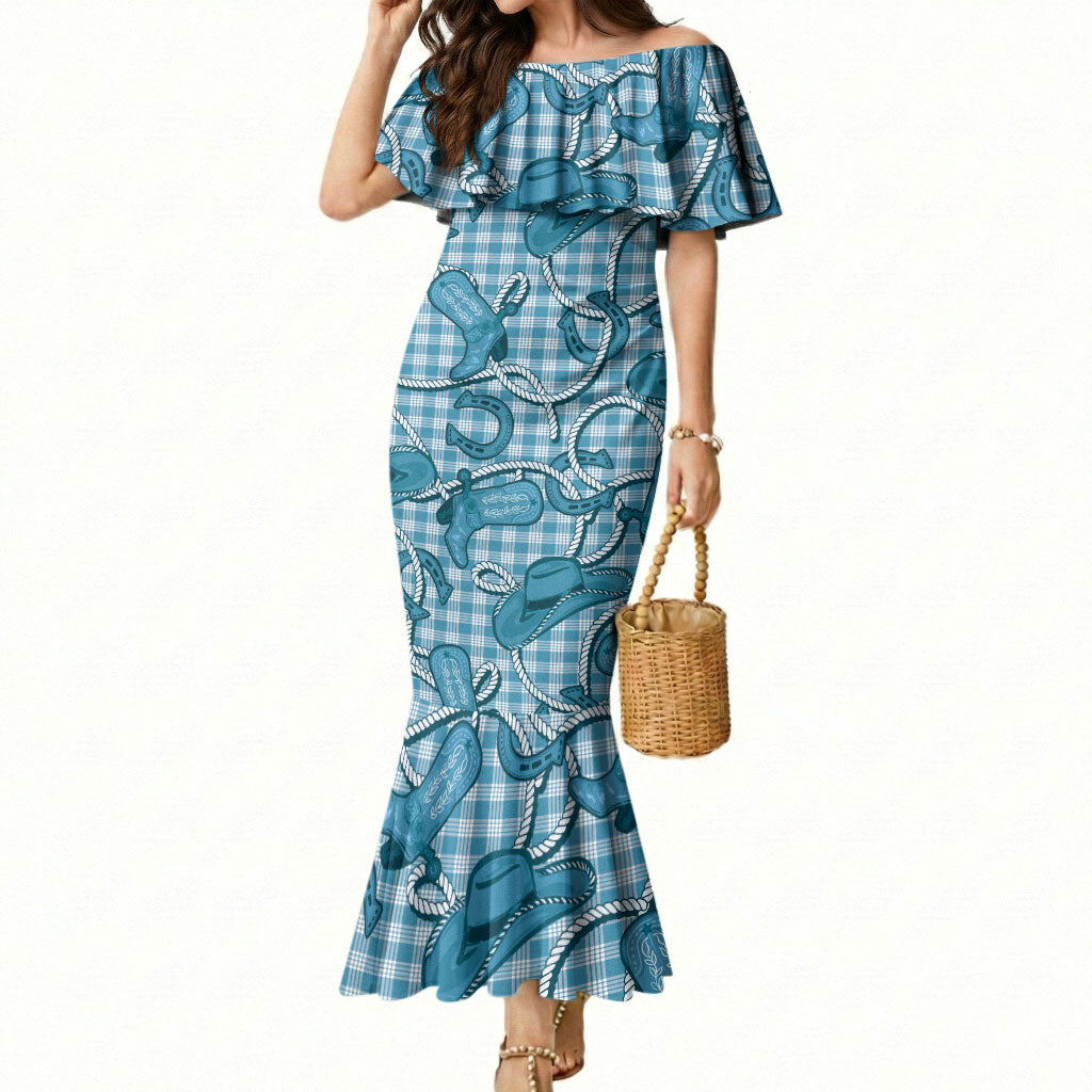 Blue Hawaii Palaka Cowboy Mermaid Dress Hawaiian Paniolo Festival Spirit LT19 Women Blue - Polynesian Pride