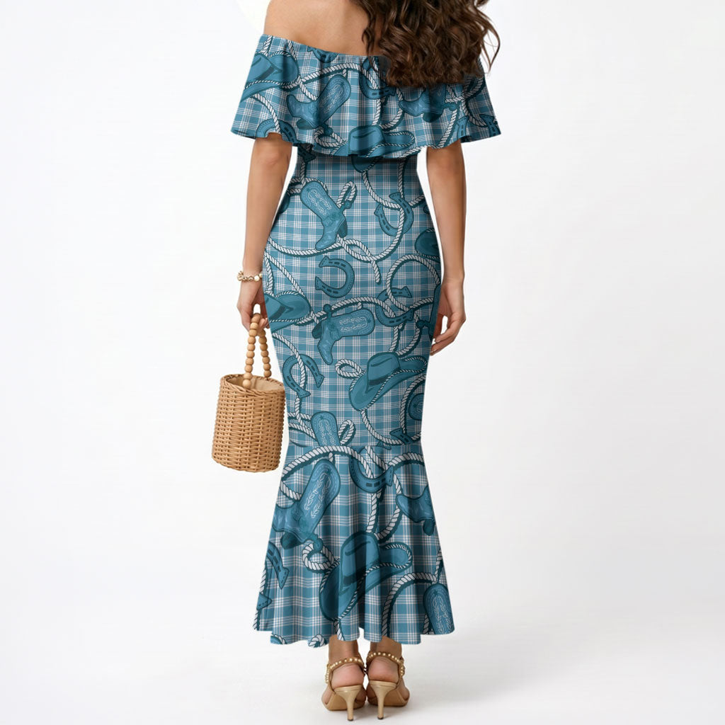 Blue Hawaii Palaka Cowboy Mermaid Dress Hawaiian Paniolo Festival Spirit LT19 - Polynesian Pride