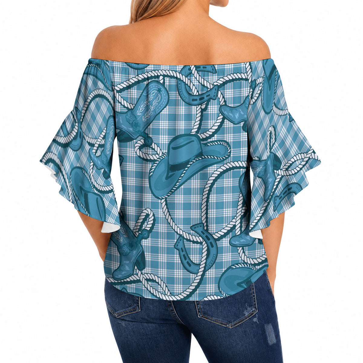 Blue Hawaii Palaka Cowboy Off Shoulder Wrap Waist Top Hawaiian Paniolo Festival Spirit LT19 - Polynesian Pride