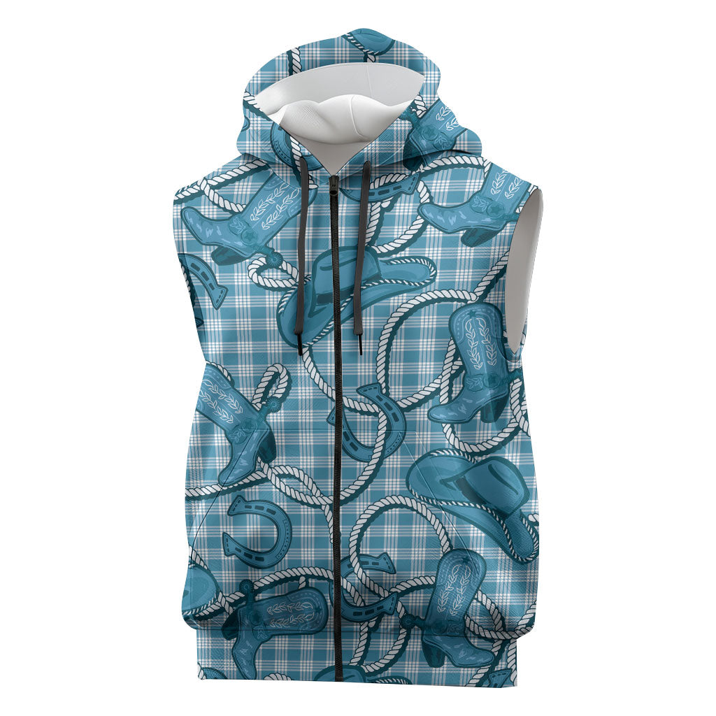 Blue Hawaii Palaka Cowboy Sleeveless Zip Hoodie Hawaiian Paniolo Festival Spirit LT19 Blue - Polynesian Pride