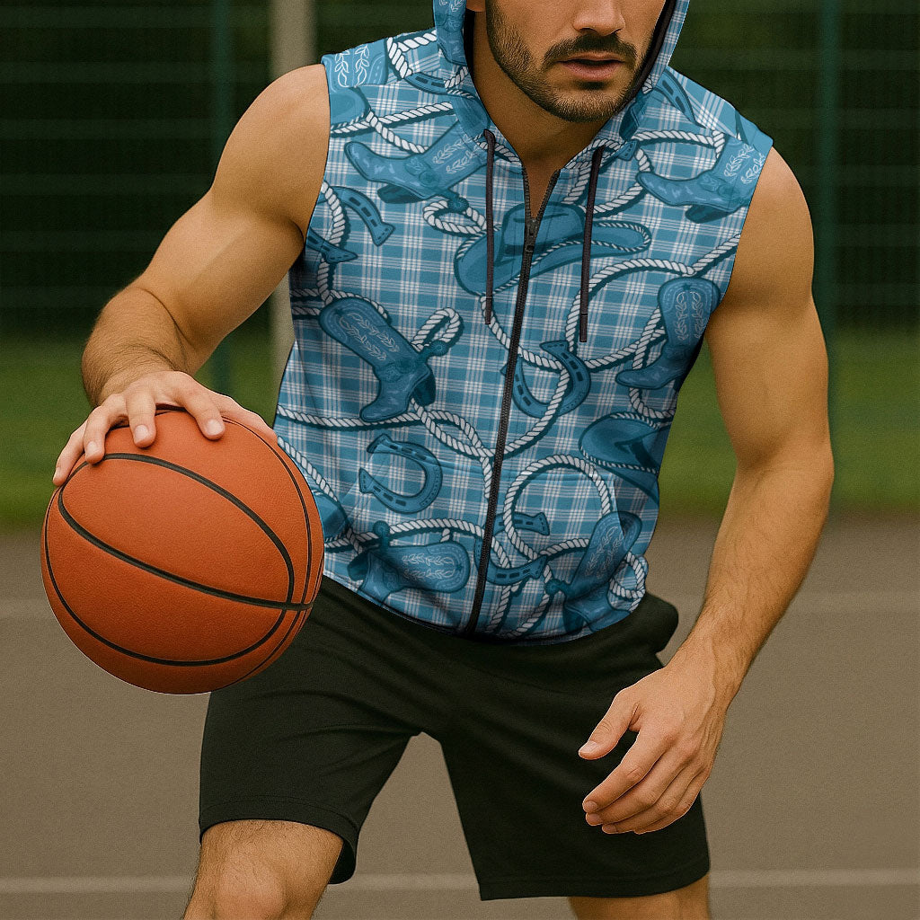Blue Hawaii Palaka Cowboy Sleeveless Zip Hoodie Hawaiian Paniolo Festival Spirit LT19 - Polynesian Pride