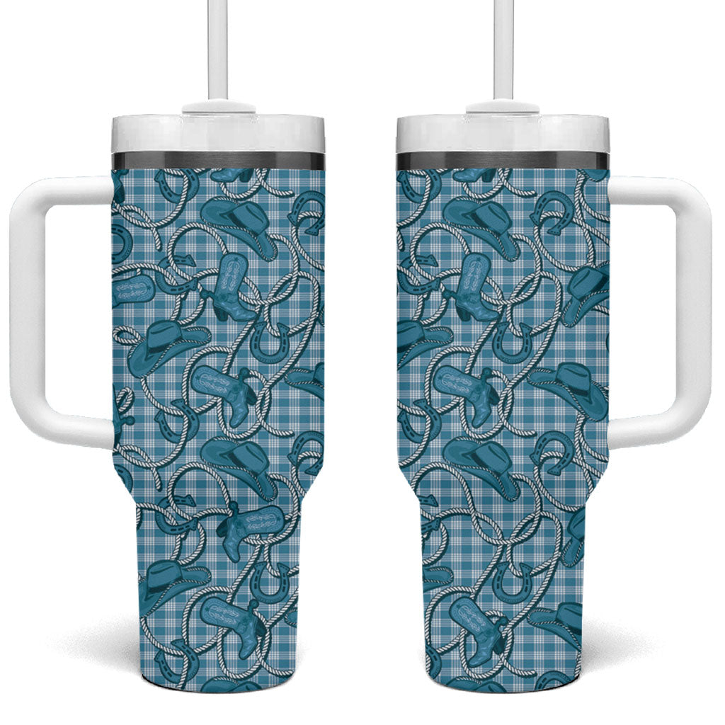 Blue Hawaii Palaka Cowboy Tumbler With Handle Hawaiian Paniolo Festival Spirit LT19 One Size: 40 oz Blue - Polynesian Pride