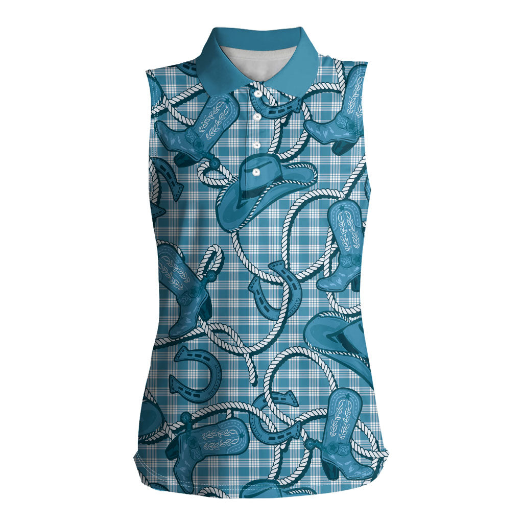 Blue Hawaii Palaka Cowboy Women Sleeveless Polo Shirt Hawaiian Paniolo Festival Spirit LT19 Female Blue - Polynesian Pride