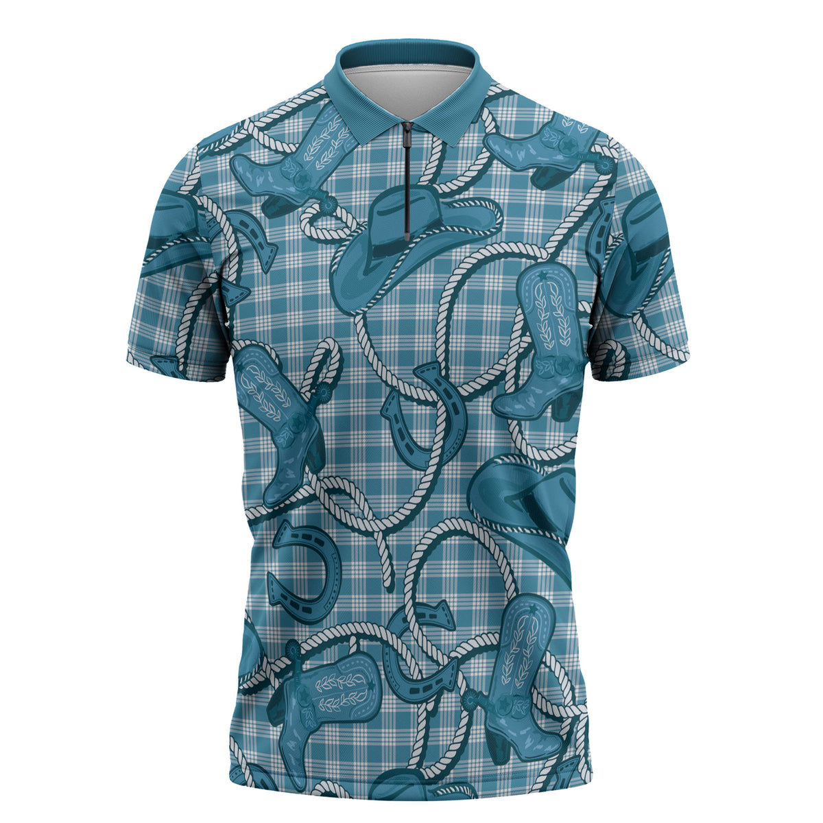 Blue Hawaii Palaka Cowboy Zipper Polo Shirt Hawaiian Paniolo Festival Spirit LT19 Blue - Polynesian Pride