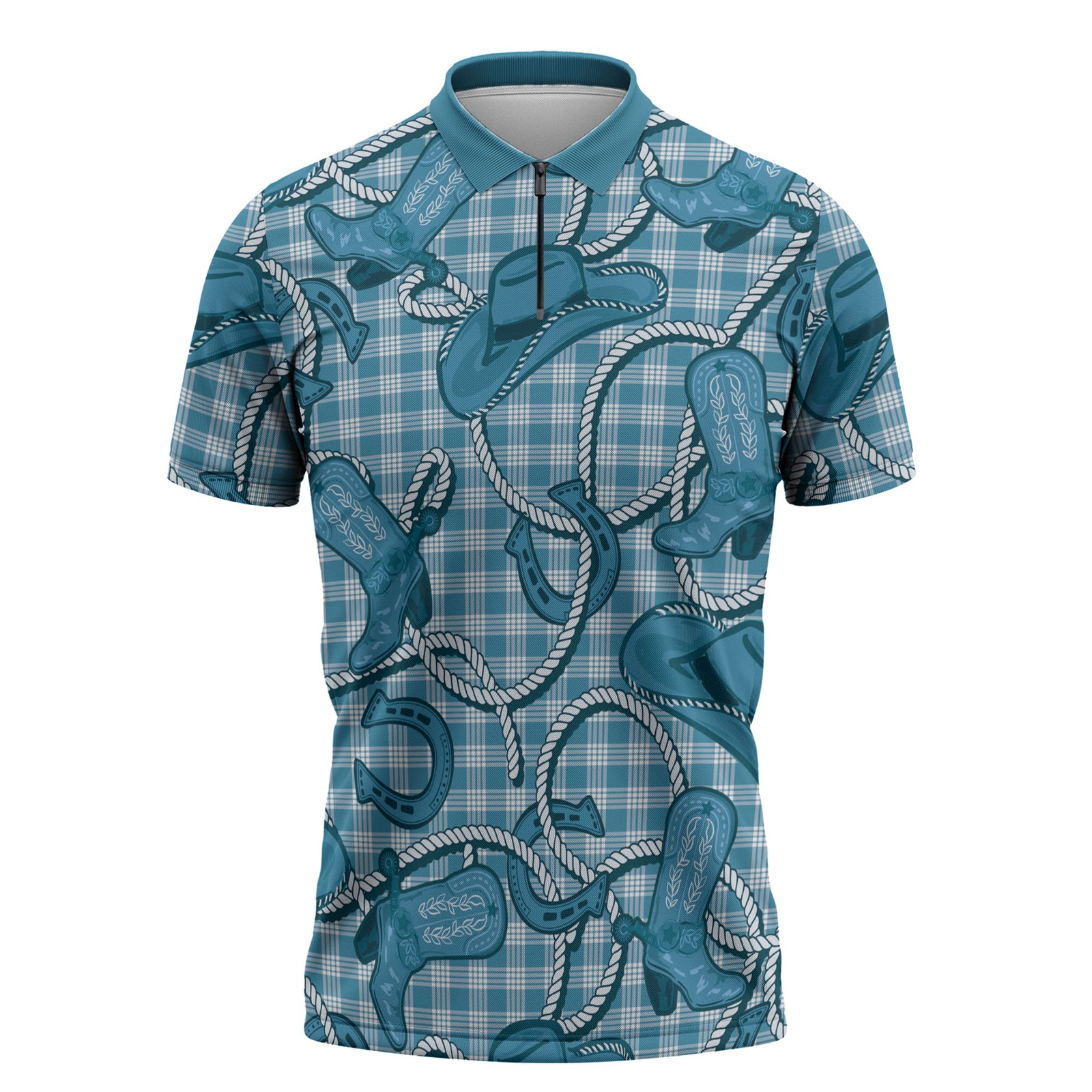 Blue Hawaii Palaka Cowboy Zipper Polo Shirt Hawaiian Paniolo Festival Spirit LT19 Blue - Polynesian Pride