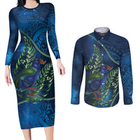 New Zealand Takahe Personalised Couples Matching Long Sleeve Bodycon Dress and Long Sleeve Button Shirt Silver Fern Galaxy Polynesian Pattern