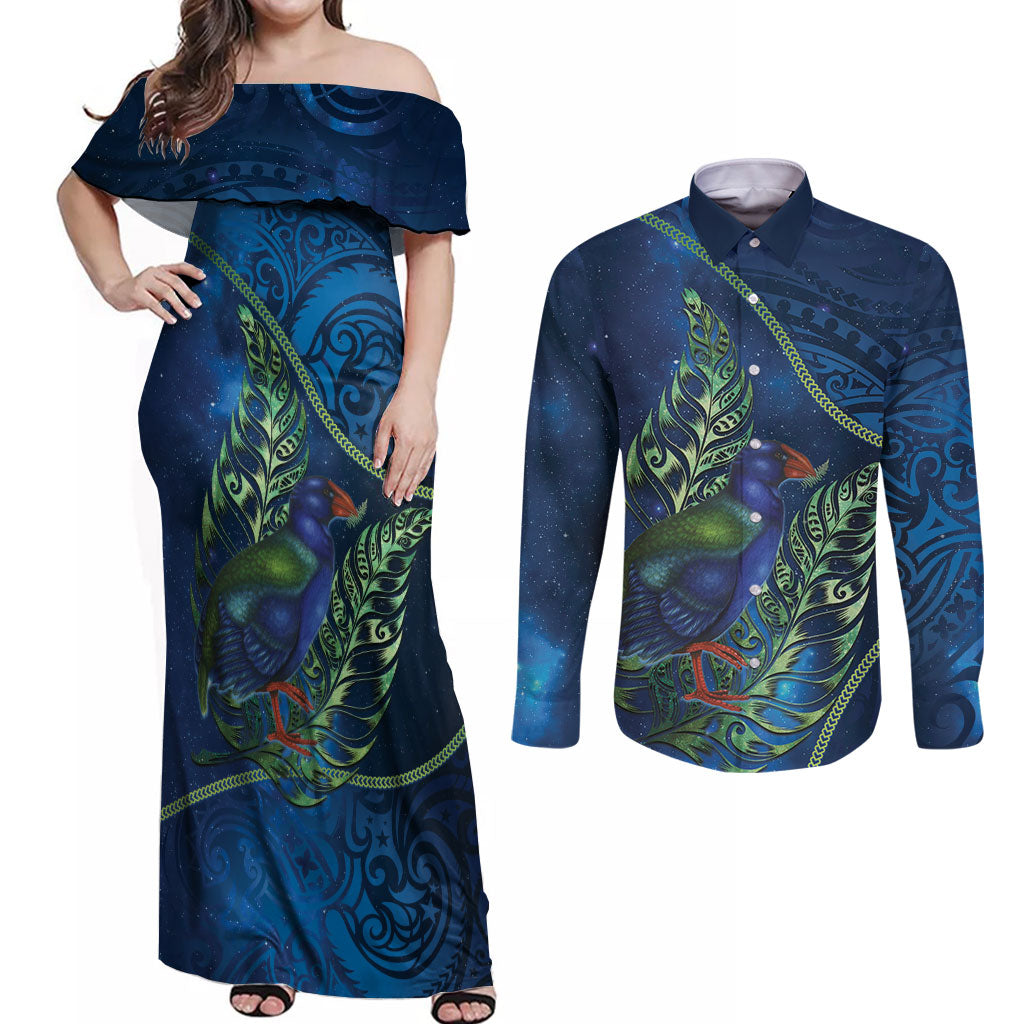 New Zealand Takahe Personalised Couples Matching Off Shoulder Maxi Dress and Long Sleeve Button Shirt Silver Fern Galaxy Polynesian Pattern