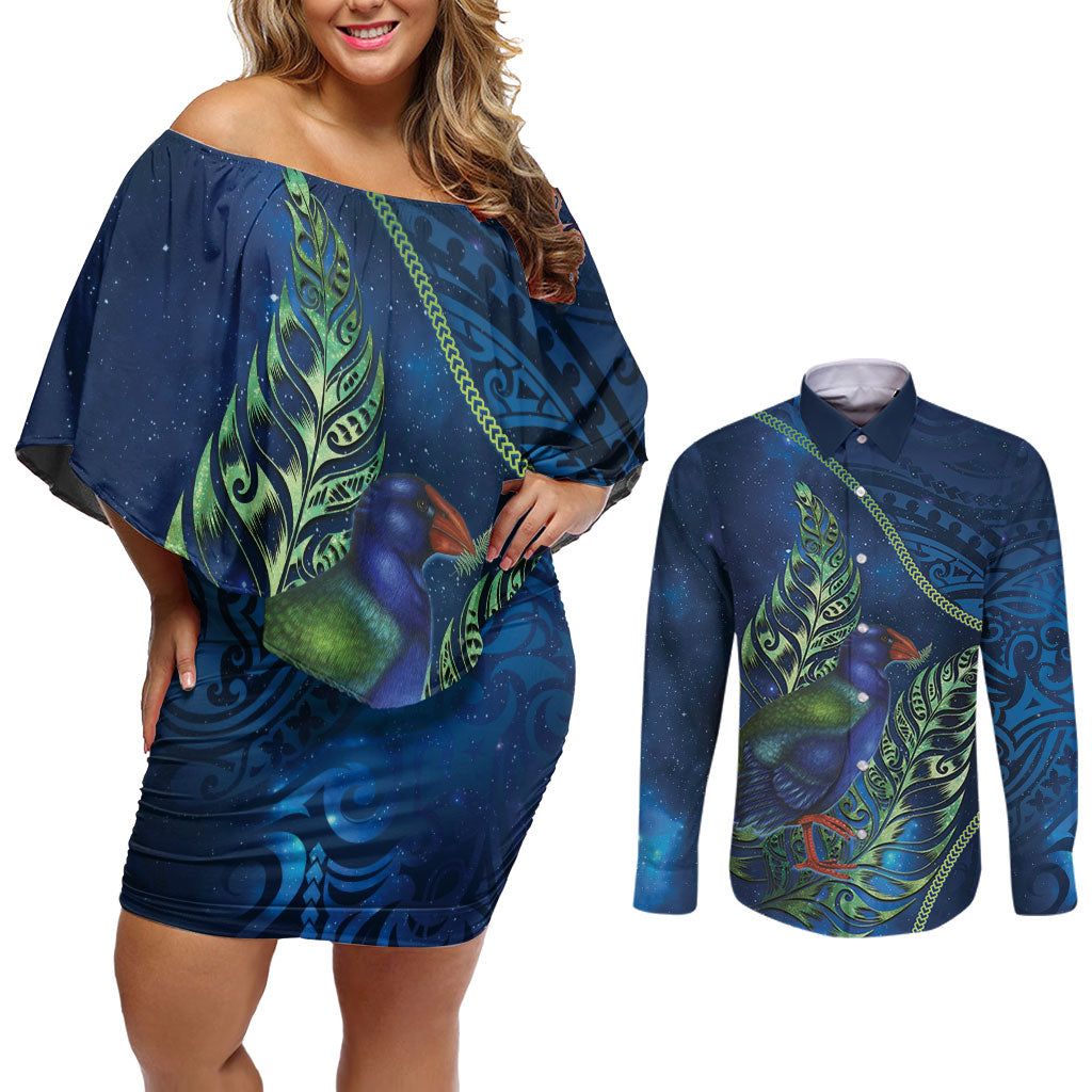 New Zealand Takahe Personalised Couples Matching Off Shoulder Short Dress and Long Sleeve Button Shirt Silver Fern Galaxy Polynesian Pattern
