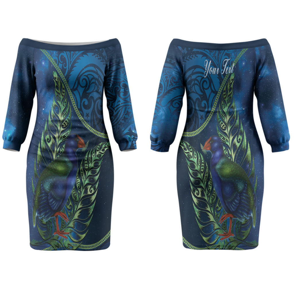 New Zealand Takahe Personalised Couples Matching Off The Shoulder Long Sleeve Dress and Hawaiian Shirt Silver Fern Galaxy Polynesian Pattern LT22 - Polynesian Pride