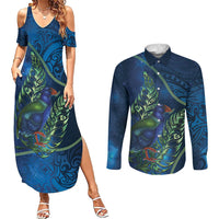 New Zealand Takahe Personalised Couples Matching Summer Maxi Dress and Long Sleeve Button Shirt Silver Fern Galaxy Polynesian Pattern