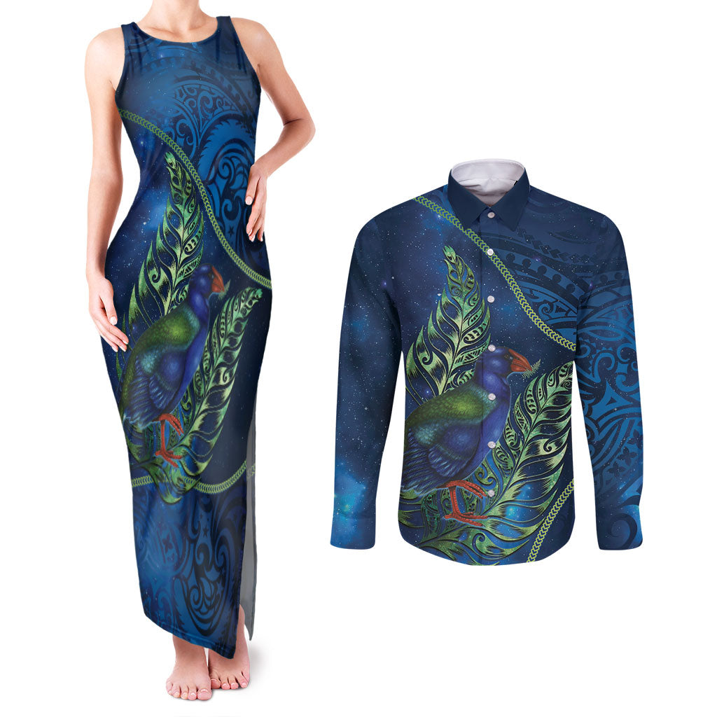 New Zealand Takahe Personalised Couples Matching Tank Maxi Dress and Long Sleeve Button Shirt Silver Fern Galaxy Polynesian Pattern