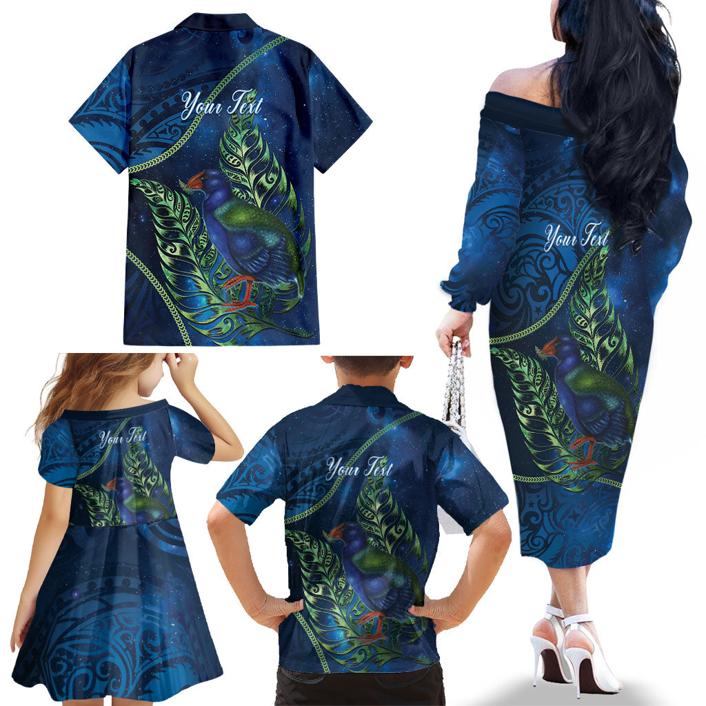 New Zealand Takahe Personalised Family Matching Off The Shoulder Long Sleeve Dress and Hawaiian Shirt Silver Fern Galaxy Polynesian Pattern