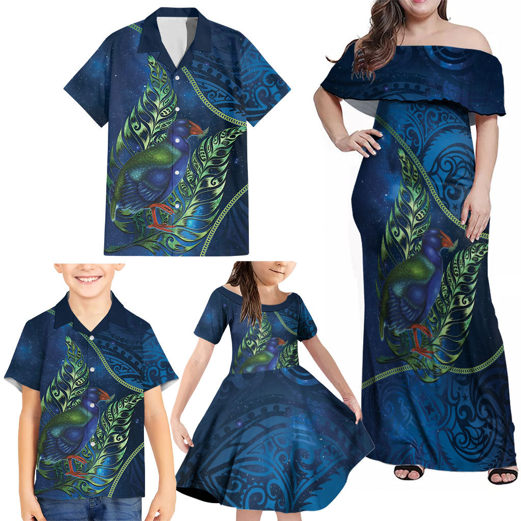 New Zealand Takahe Personalised Family Matching Off Shoulder Maxi Dress and Hawaiian Shirt Silver Fern Galaxy Polynesian Pattern