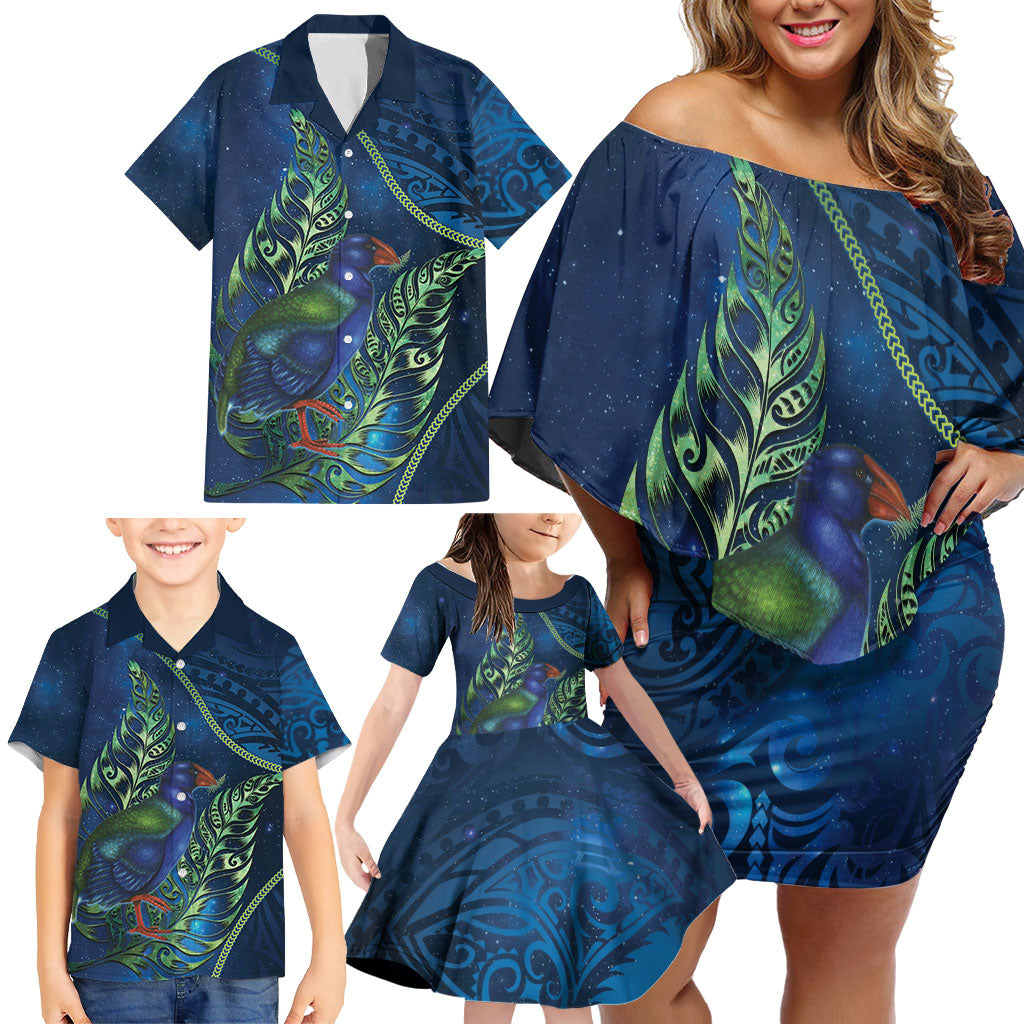 New Zealand Takahe Personalised Family Matching Off Shoulder Short Dress and Hawaiian Shirt Silver Fern Galaxy Polynesian Pattern
